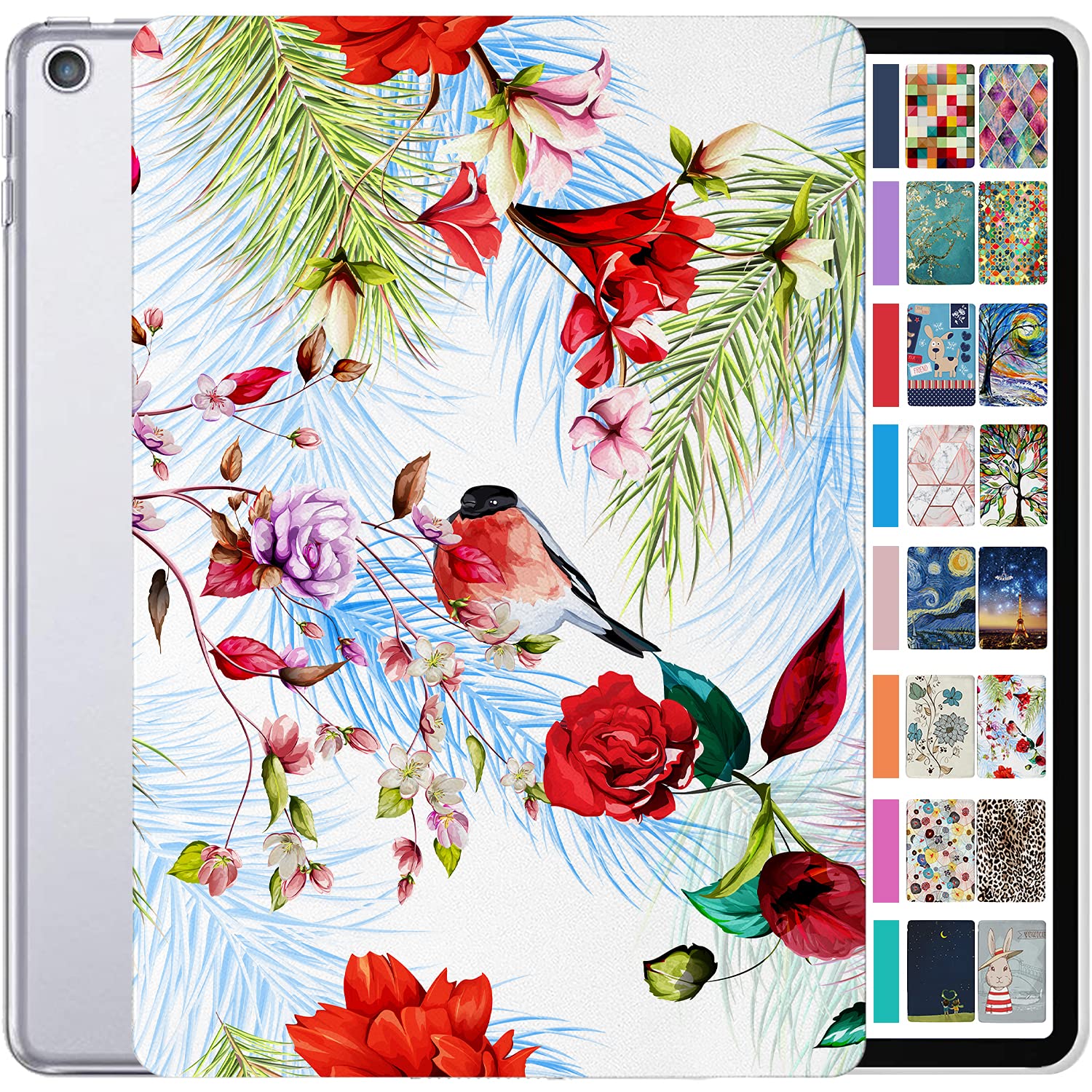 DuraSafe Cases Compatible with iPad 10.2 Inch 9 8 7 2021 2020 2019 [iPad 9th / 8th / 7th Gen ] A2197 A2270 A2602 Printed Folio Magnetic Smart Protective Sleek & Classic Design Cover - Birds & Flowers