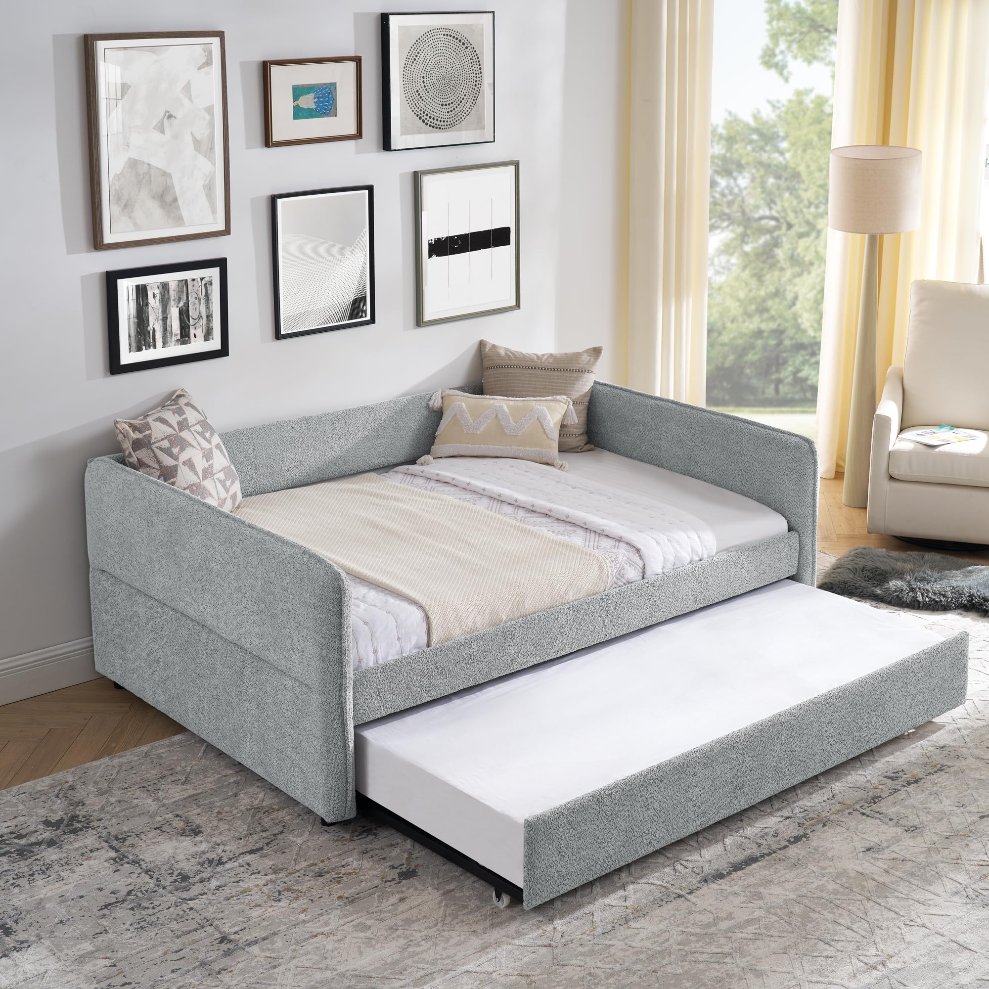 Photo 1 of Ball & Cast Full Size Daybed with Trundle, Upholstered Day Bed Frame with Wood Slats Supports, No Box Spring Needed,Easy Assembly,Boucle Fabric,Grey