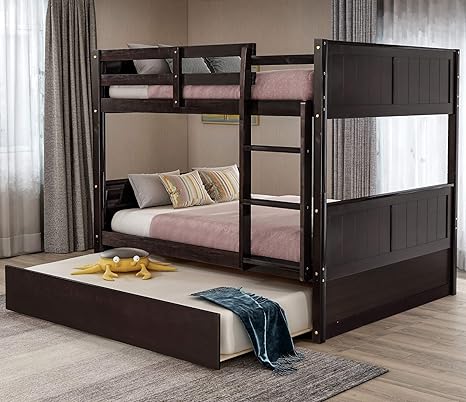 Amazon Com Bunk Bed Full Over Full With Trundle Julyfox 725lb Heavy Duty Full Size Platform Bed Pine Wood With Headboard Foot Board No Box Spring Need Bunk Beds With Ladders Guard Rails Space