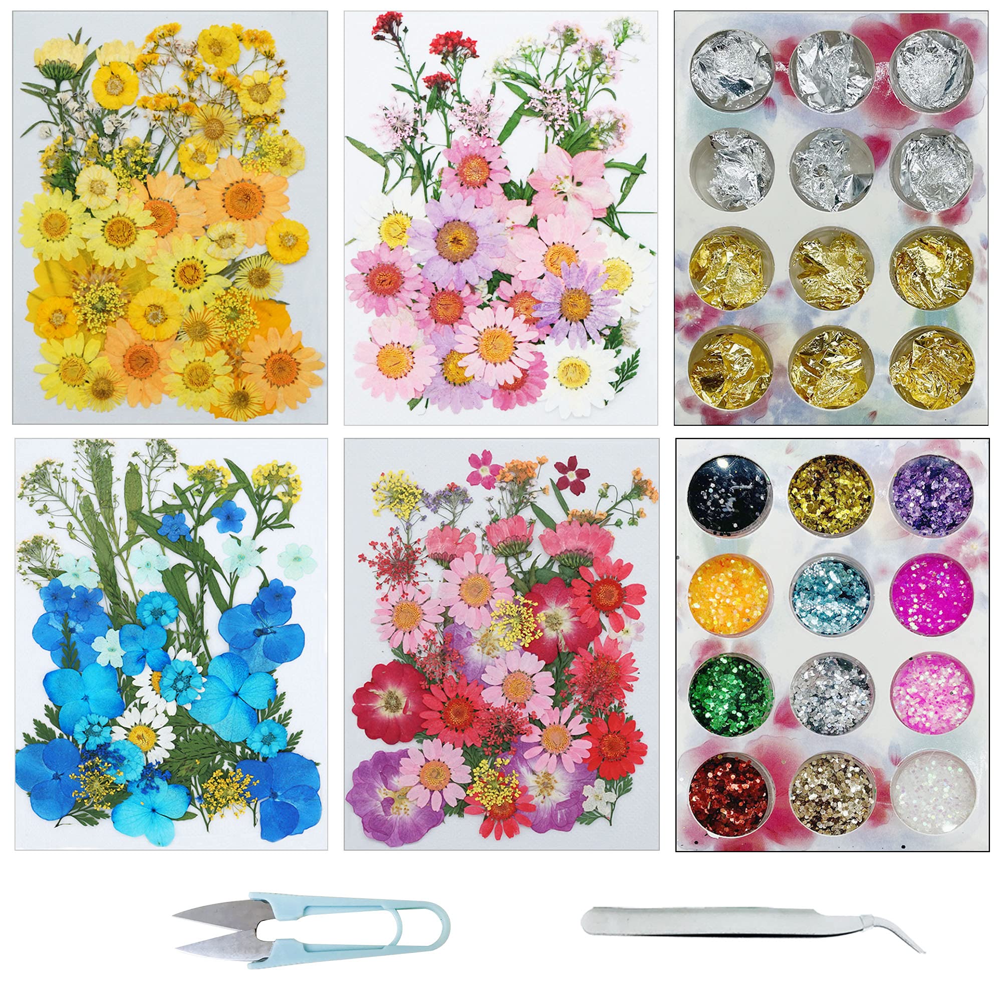 Cayway Natural Dried Pressed Flowers Leaves, Gold Leaf Flakes, Multiple Pressed Dry Flowers with Tweezers, Scissors for DIY Candle Resin Jewelry Nail Crafts Art Floral Decoration
