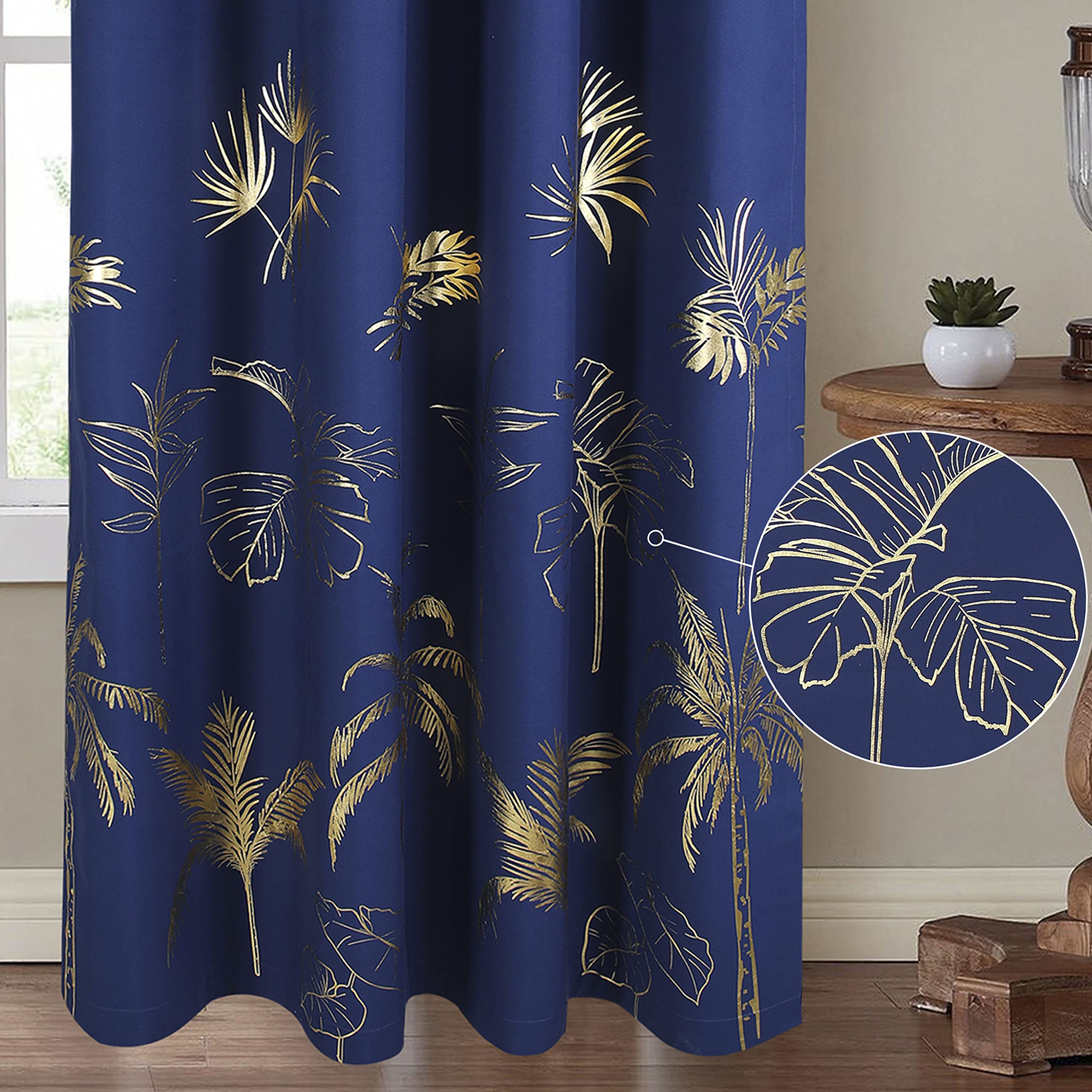 Royal Blue Gold Blackout Curtains for Bedroom Foil Printed Palm Leaves Navy Blue Trees Luxury Tropical Eyelet 46×72 Lined Thermal 100% Total Room Darkening Window Curtain Living Room 2 Panels
