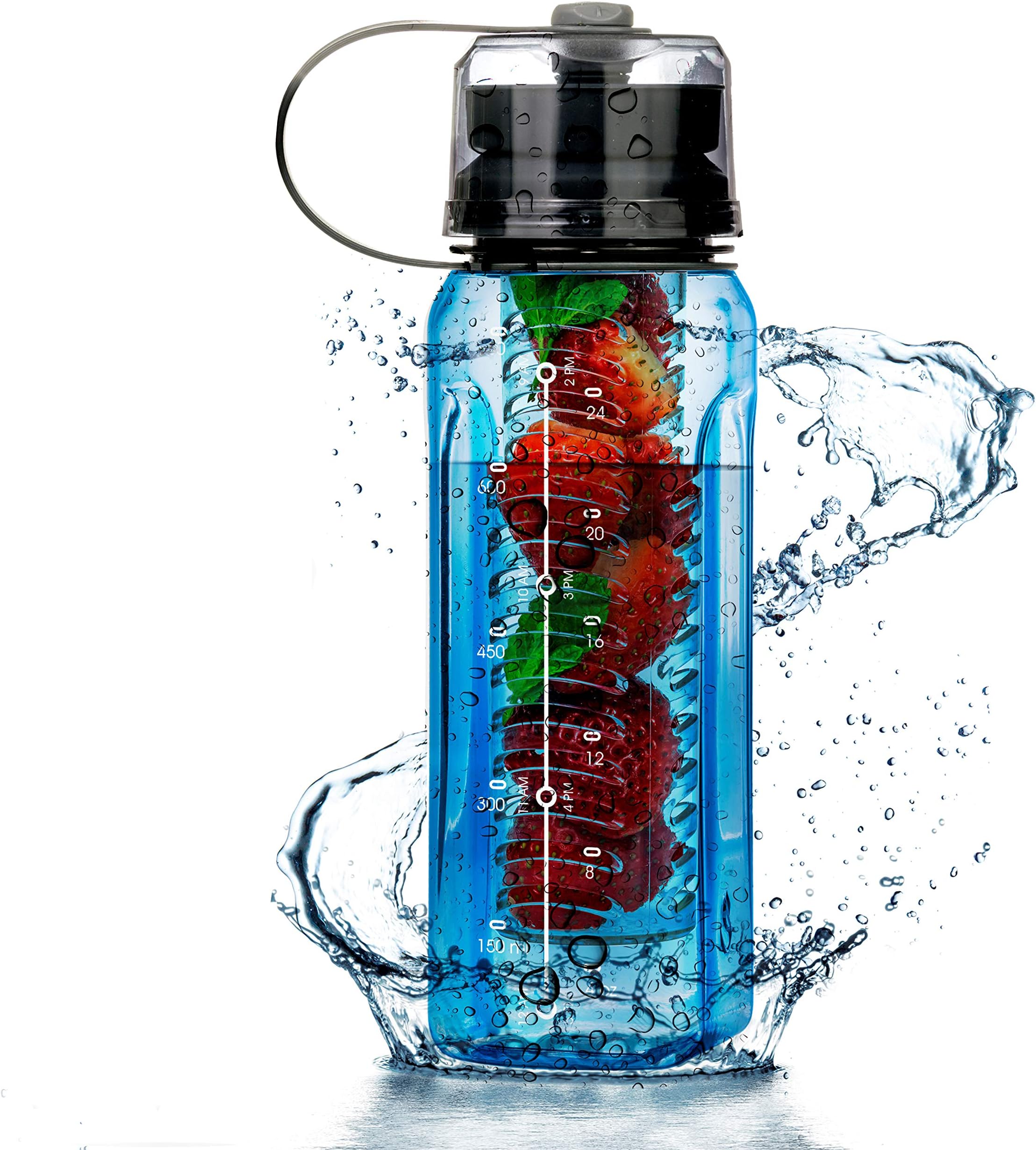 Luxury Series - Water Bottle BPA Free All-in-ONE - Fruit Infuser - Blender Bottle - Water Cup & Pill Box - Water Bottle Filter [Addition] - Bottle Cooler [Addition] (Bottle Light Blue Standard)