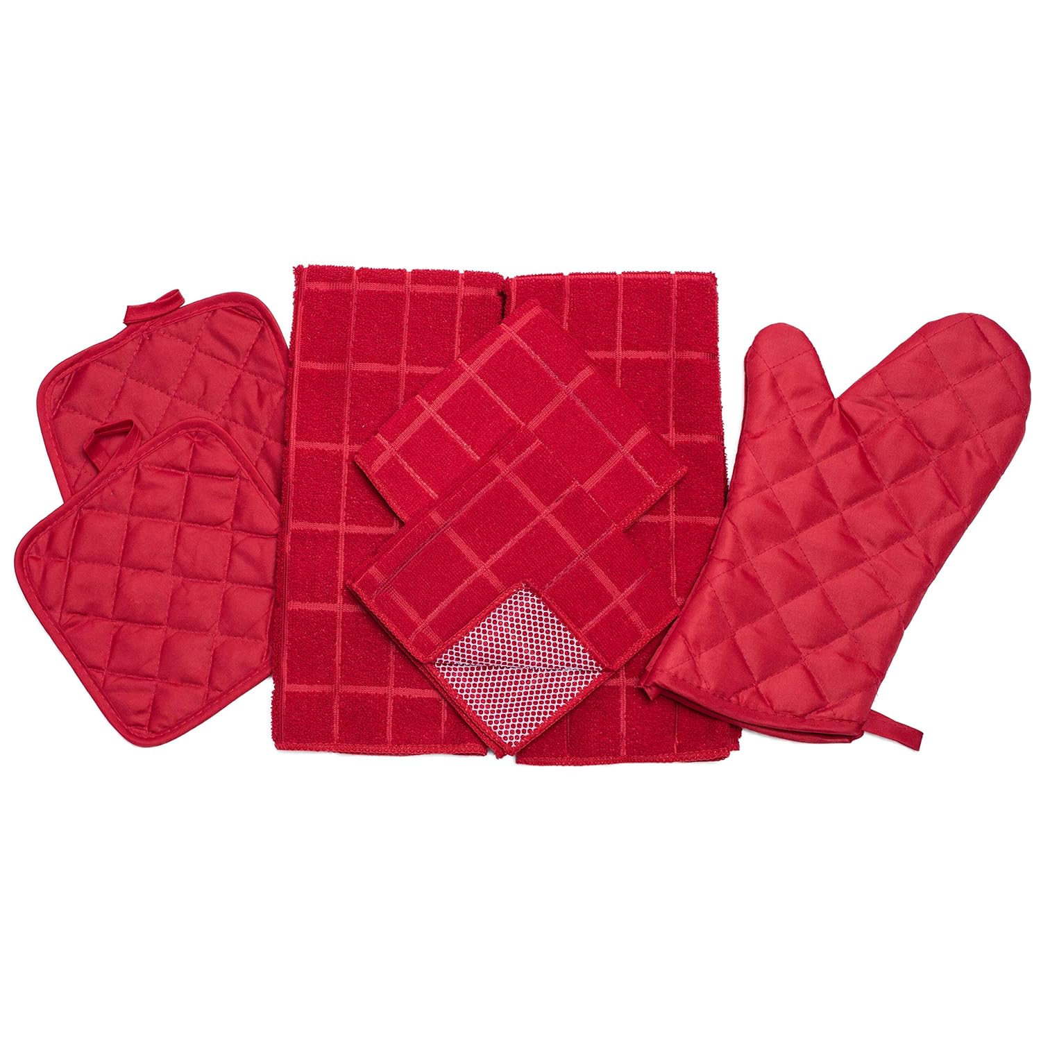 Home Collection 7 Piece Kitchen Towel Set with Dish Cloths, Pot Holders, and Oven Mitt Bundle (Red)