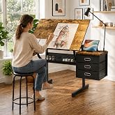Adjustable Drawing Table with 3 Drawers and Stool, Black | Tabletop tilts 0&deg;-75&deg;, MDF Tabletop and Steel Frame, 1 Stool and 3 Storage drawers, Adults, Artists, Art Students