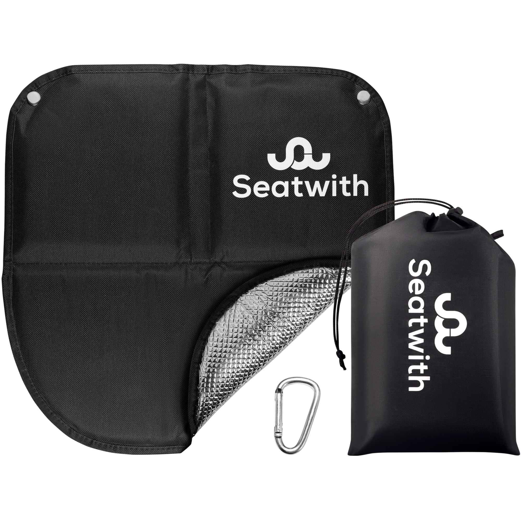 Foldable insulated seat cushion (40 x 40 cm) with heat-insulating aluminium base + carry bag and carabiner hook for ideal attachment to the backpack maximum protection against cold, moisture