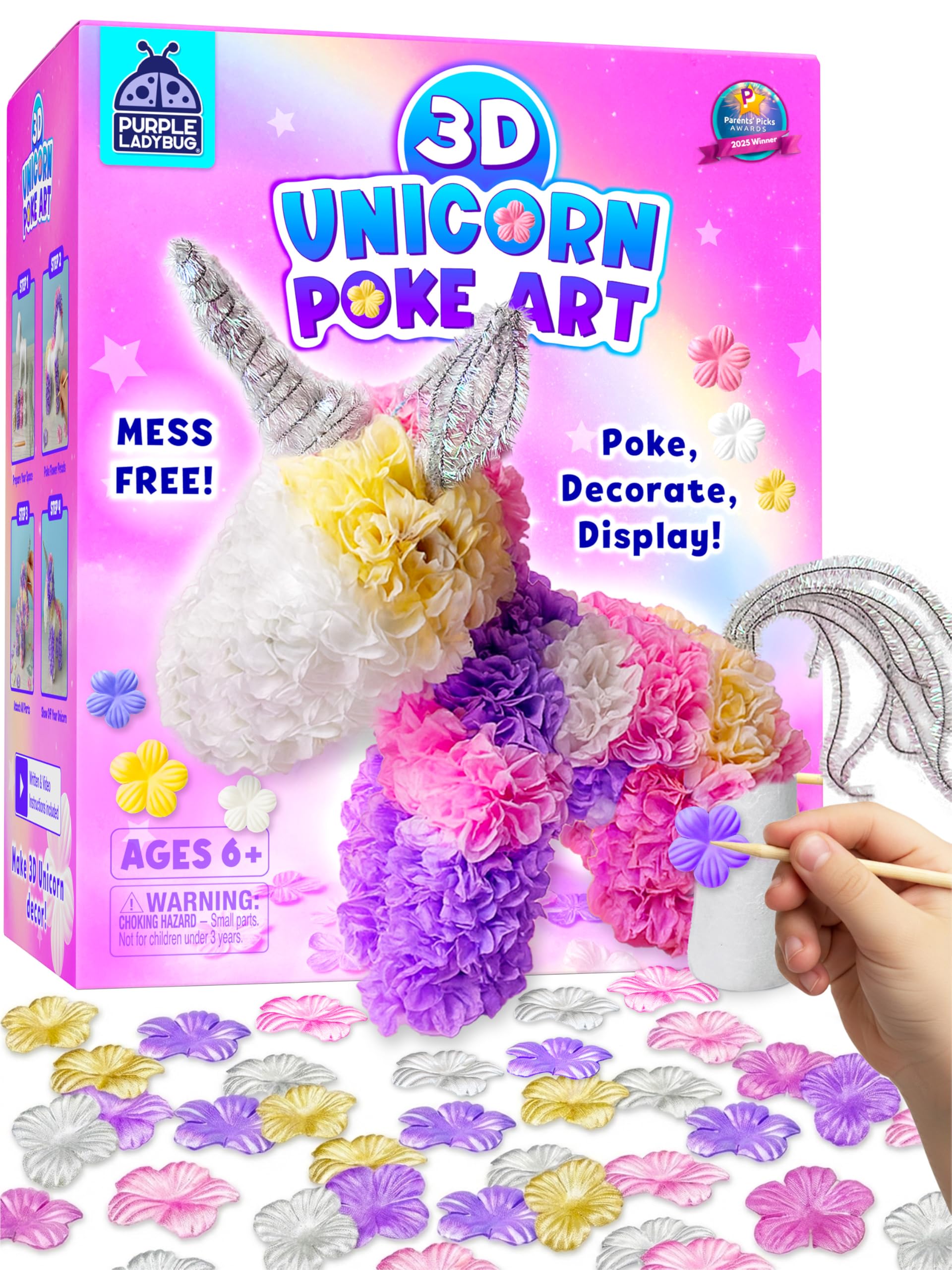 PURPLE LADYBUG Unicorn Poke Art Kit - 3D DIY Foam Figurine Craft Set, Mess-Free Floral Decorating Toy, Creative Art Activity for Kids Ages 4-10 - Giftable Craft Kit for Girls