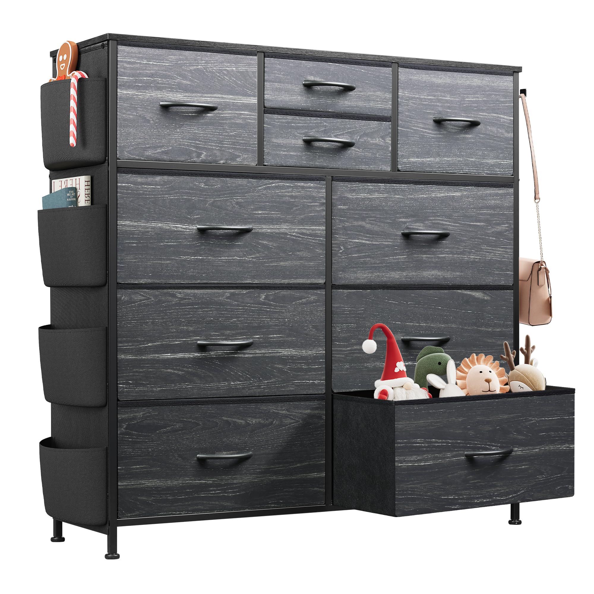 wlive dresser for bedroom with 10 drawers, fabric dresser chest of drawers with side pockets and hoo