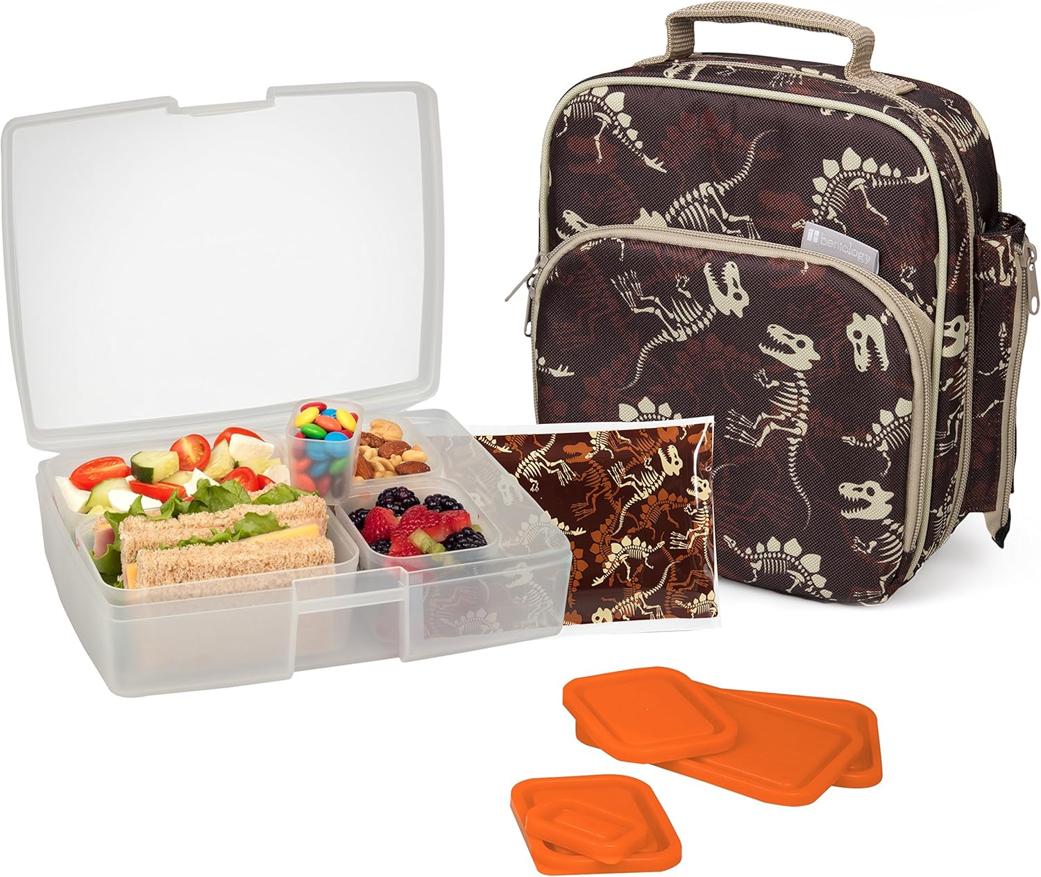 Bentology Lunch Bag and Box Set for Boys - Includes Insulated Durable Tote Bag with Handle and bottle holder, Bento Box, 5 Containers and Ice Pack - BPA & PVC Free (Fossils)