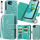 Varikke for iPhone 16e Wallet Case Detachable with RFID Blocking Card Holder for Women, Glitter PU Leather Wrist Strap Strong Magnetic Flip Wallet Removable Phone Case for iPhone 16e 6.1", Mint Green