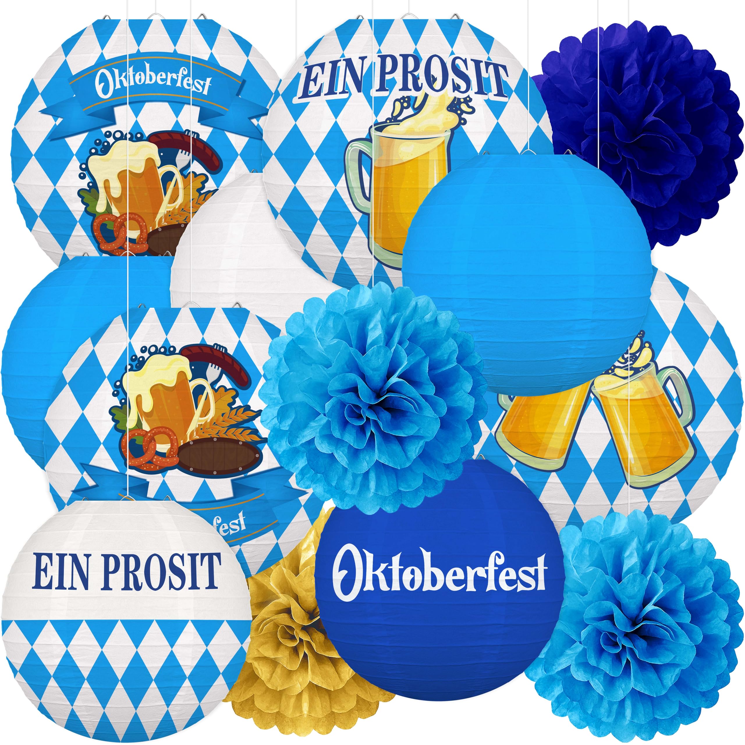 Photo 1 of 13PCS Oktoberfest Decorations Party Set – Bavarian Hanging Paper Lanterns, Pom Poms for October Beer Festival, German-Themed Party Supplies