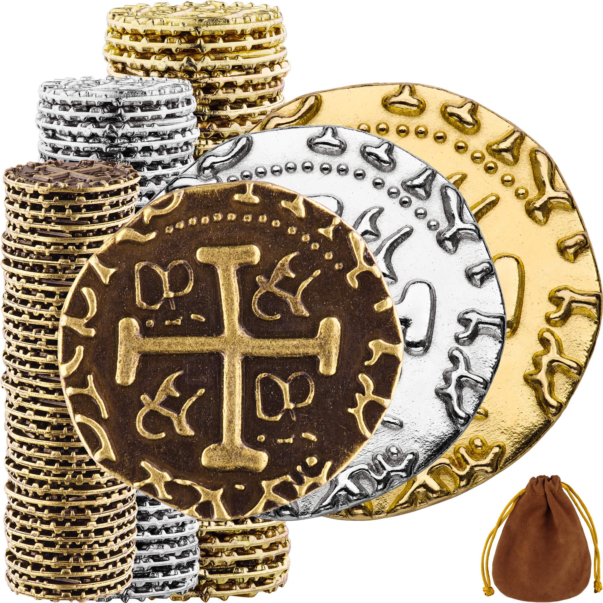 Photo 1 of (missing pieces) Large Pirate Coins - 102 Bronze, Silver & Gold Treasure Coin Set - Metal Replica Spanish Doubloons for Board Games, Tokens, Cosplay, Realistic Money Imitation, Pirate Treasure Chest - M, L, XL Sizes