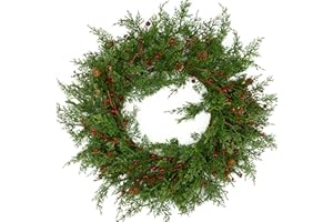 Furisin 22 Inch Christmas Wreath Winter Door Wreath with Pine Needle,Red Berry for Front Door Indoor Outdoor Window Wall Porch Farmhouse Home Decoration