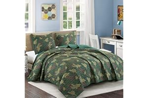 WPM WORLD PRODUCTS MART WPM Camouflage Print Full Size Quilt Set Green Military Style Quilted Bedspread Theme Bedroom Coverlet Pillow Shams (Camouflage, Full)