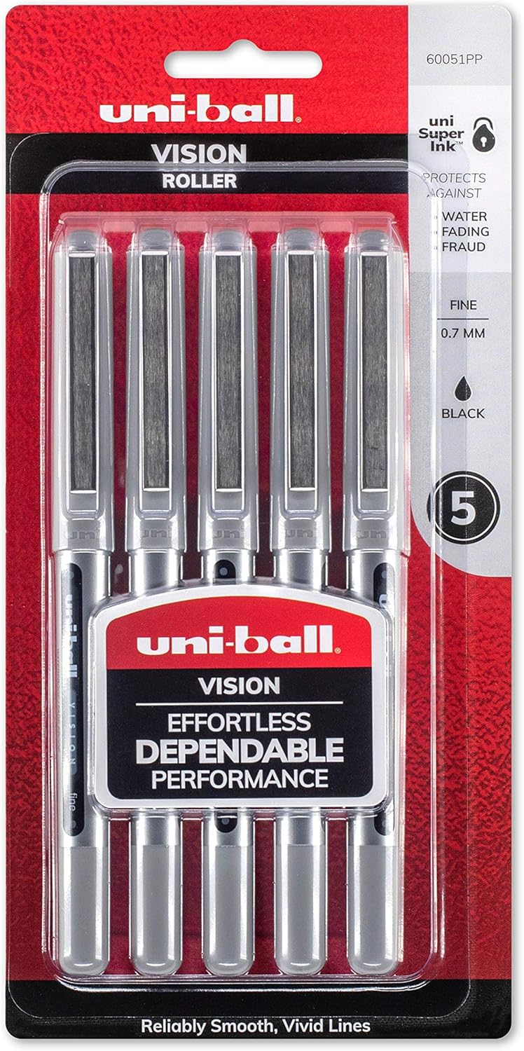 uni-ball Vision Rollerball Pens, Fine Point (0.7mm), Black, 5 Count: Office Products