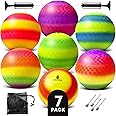 7 Pack 8.5 Inch Rainbow Playground Balls – Bouncy Balls for Kids, Seniors & Adults – Inflatable Colored Rubber Balls for Kickball, Dodgeball, Handball – Mesh Storage Bag, 2 Pumps & 4 Pins