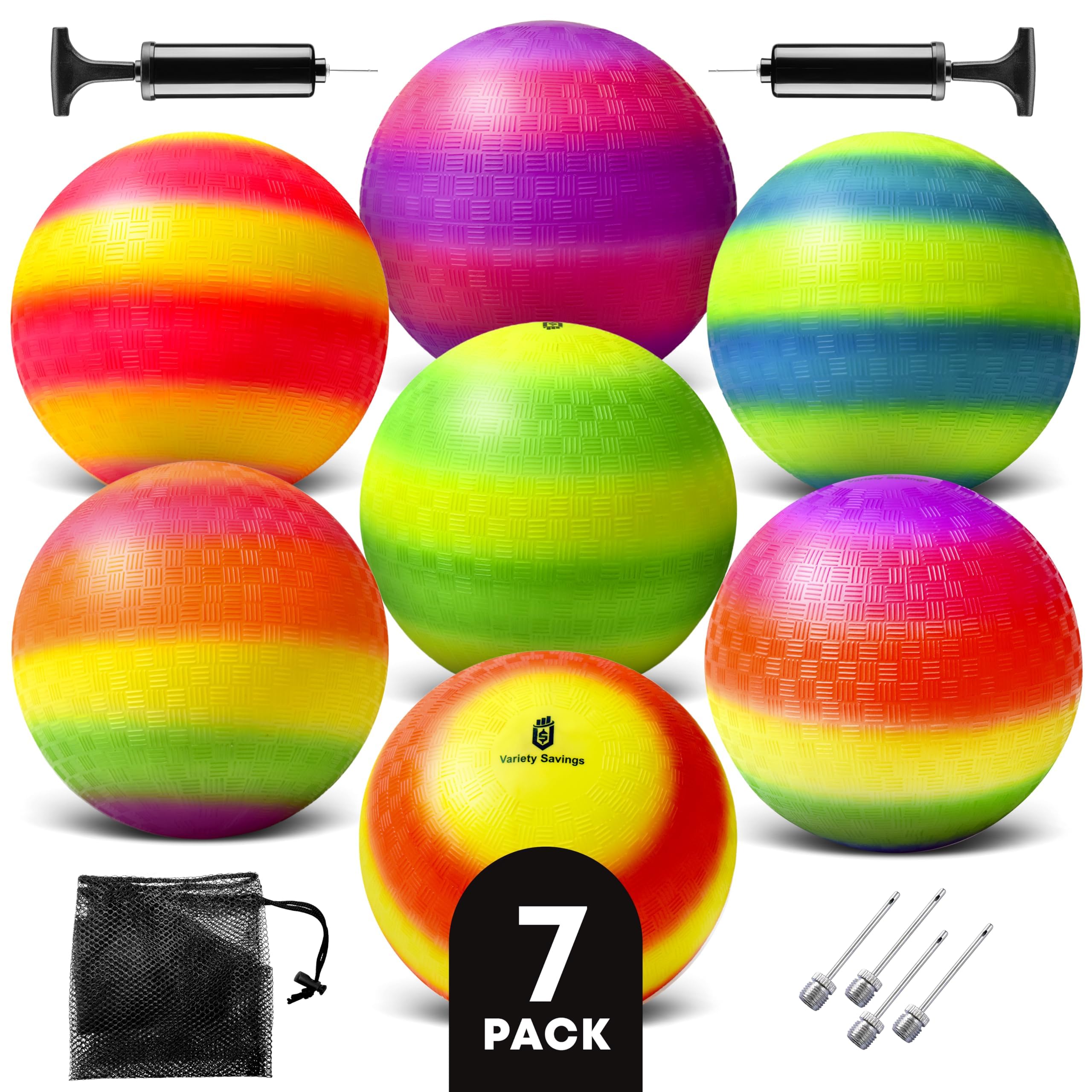 View 1 of *****PARTIAL SET - PRICE ADJUSTED***Variety Savings Pack of 7 with 2 Pumps & 4 Pins, Bouncy Balls for Kids –Dodgeball Set 8.5 Inch Playground Balls – Colored Official Size for Dodge Balls, Kickball, Handball, Camps and Schools