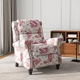 UIXE Floral Pushback Recliner Chair, Fabric Overstuffed Armchair, White | Push Back Living Room Accent Chair with Rivet Trim &amp; Footrest, Home Theater Single Sofa Reading Seat | 33"D x 35"W x 41"H