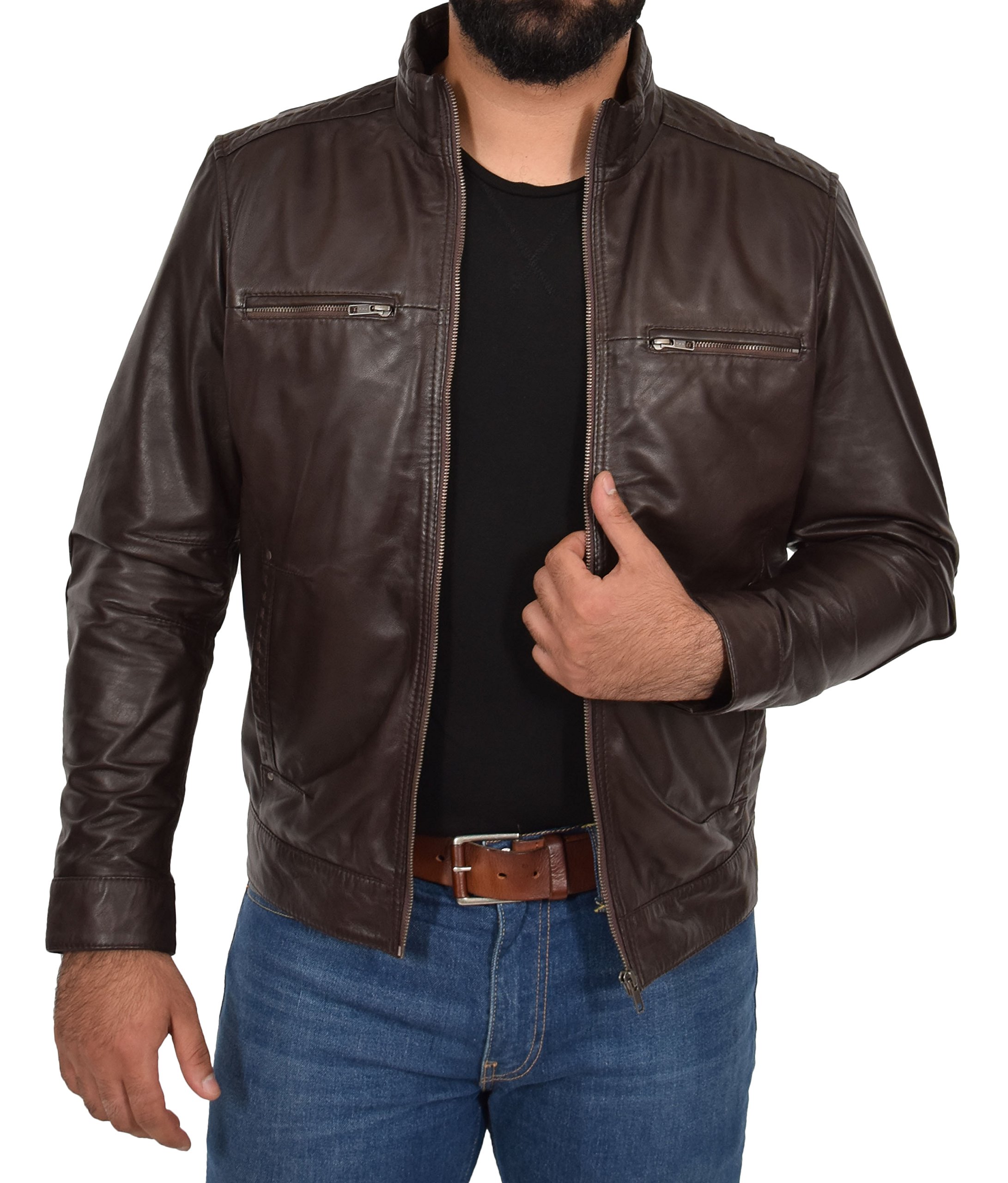 Mens Real Soft Brown Leather Jacket Biker Style Fitted Zip Up Casual Coat Felix