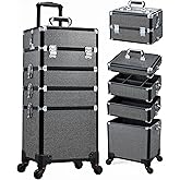 Costravio 5 in 1 Rolling Makeup Case on Wheels Large Cosmetology Case Organizer Beauty Cosmetic Train Case Travel Nail Cart for Make-up Studio Hair Salon, Black Rhinestone