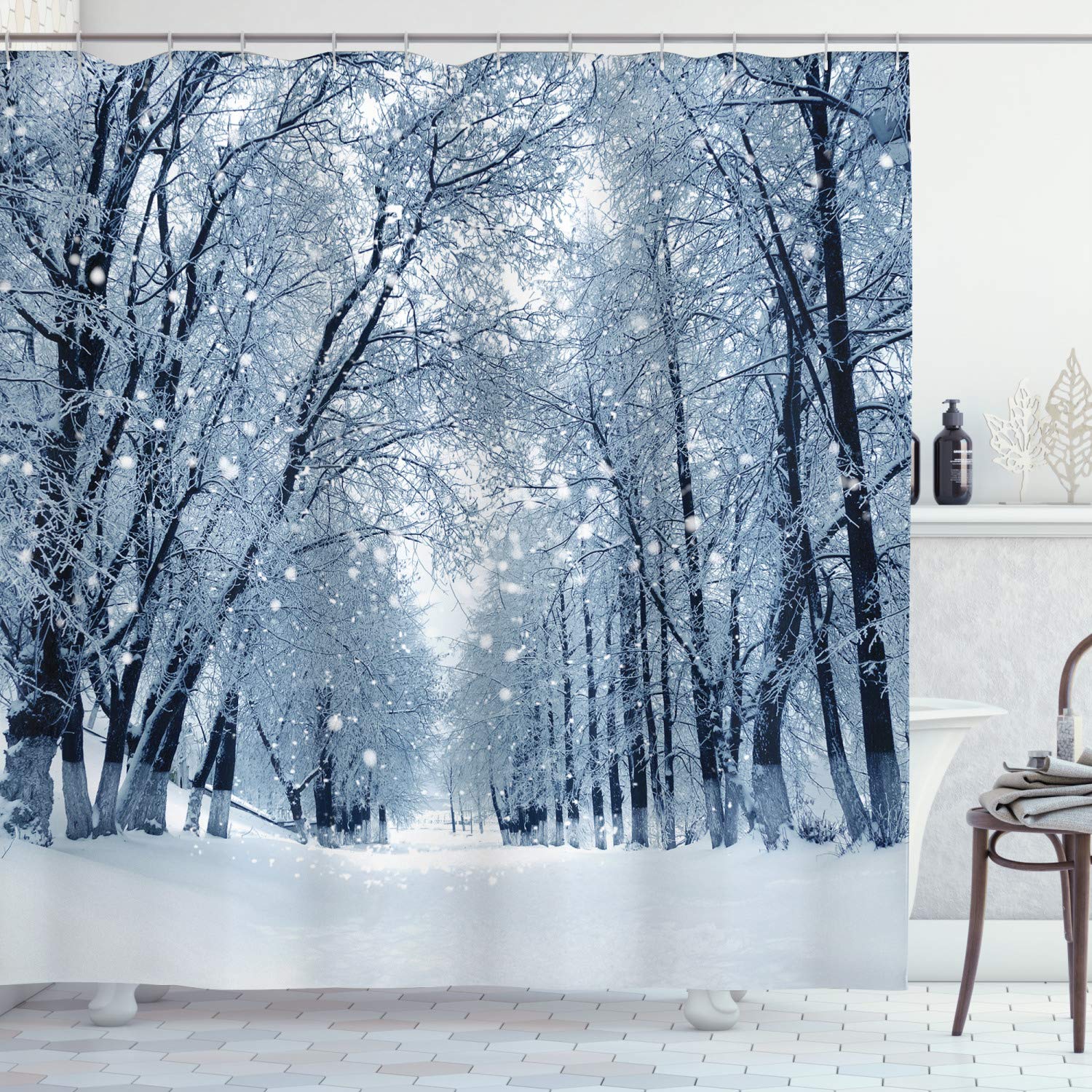 ABAKUHAUS Forest Shower Curtain, Snowy Trees Farmhouse Wildlife Woodsy Scenery Frosty Winter Park Winter Design, Cloth Fabric Bathroom Decor Set with Hooks, 94 Inches, White Grey Black โ image 1