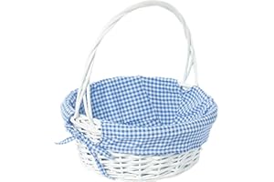 WICKERWISE White Round Willow Gift Basket, with Blue Gingham Liner and Handle- Medium