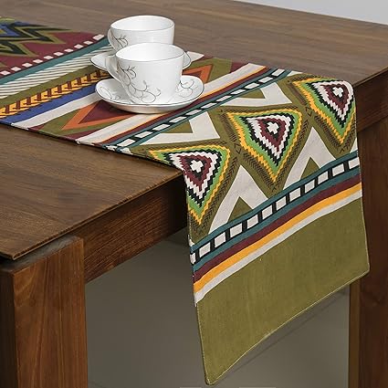 FireFlies Fantasy Geometrical Design100% Cotton Canvas Long Table Runner, Green for Office Kitchen Dining Wedding Party Home Decor 35 X 159 cms