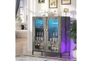 Hyomdeck Sideboard Buffet Cabinet with Storage, Wine Bar Cabinet with Power Outlet & LED Light, Kitchen Storage Cabinet with Drawers, Liquor Coffee Bar Cupboard Buffet Table for Dining Room, Black Oak