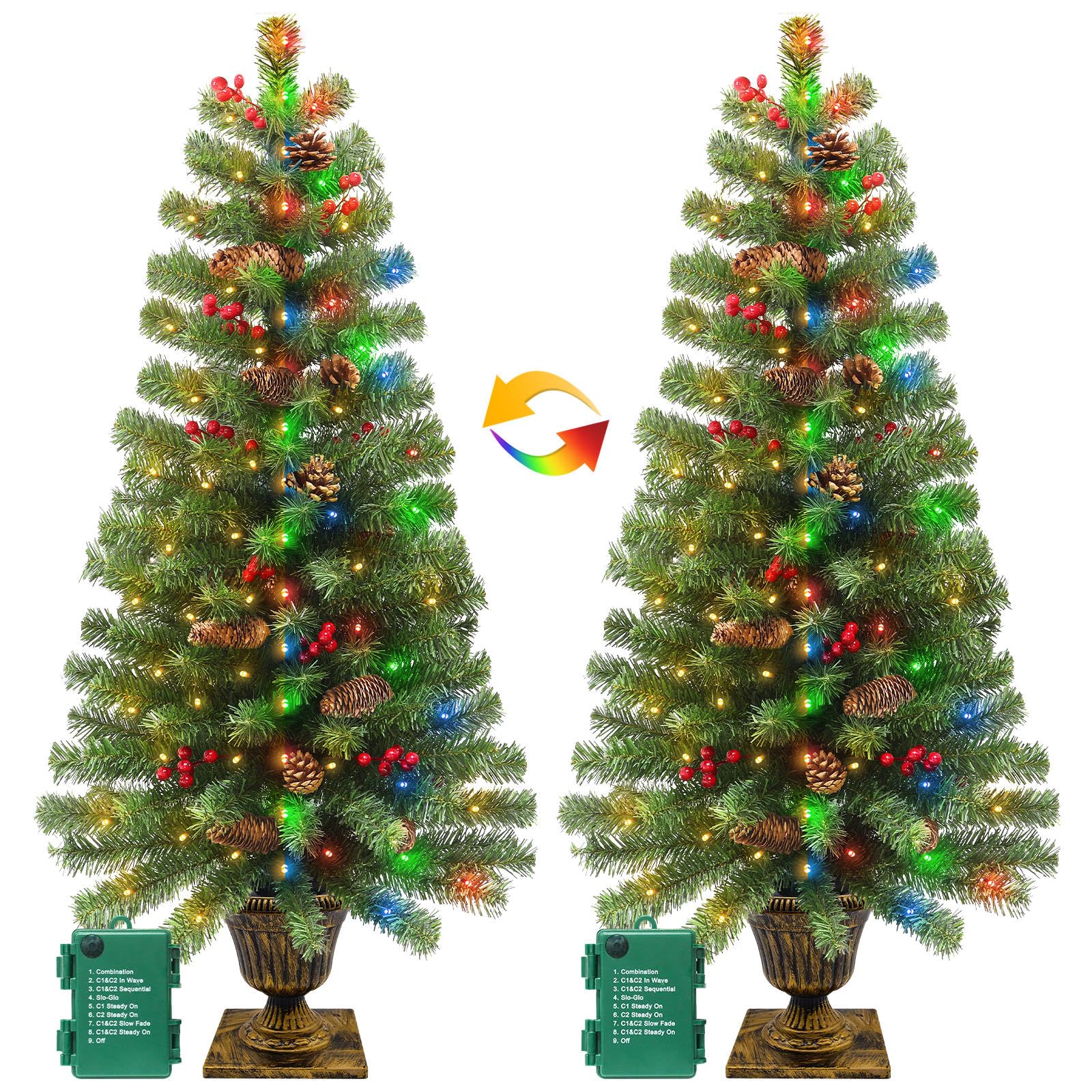 Photo 1 of 2 Pack 4 Ft Artificial Potted Christmas Tree with 60 LED Lights,Warm White and Colored Changing,8 Lighting Mode&Timer,Mini Small Xmas Tree, Battery Operated,Outdoor Front Door Porch Home Decoration