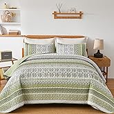 WONGS BEDDING Boho Quilt Set Queen Size, Sage Green Bohemian 3 Pieces Quilt Sets, Lightweight Bedspread Coverlet Bedding Set for All Season (96"x90")