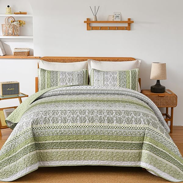 WONGS BEDDING BOHO QUILT SET QUEEN SIZE, SAGE...