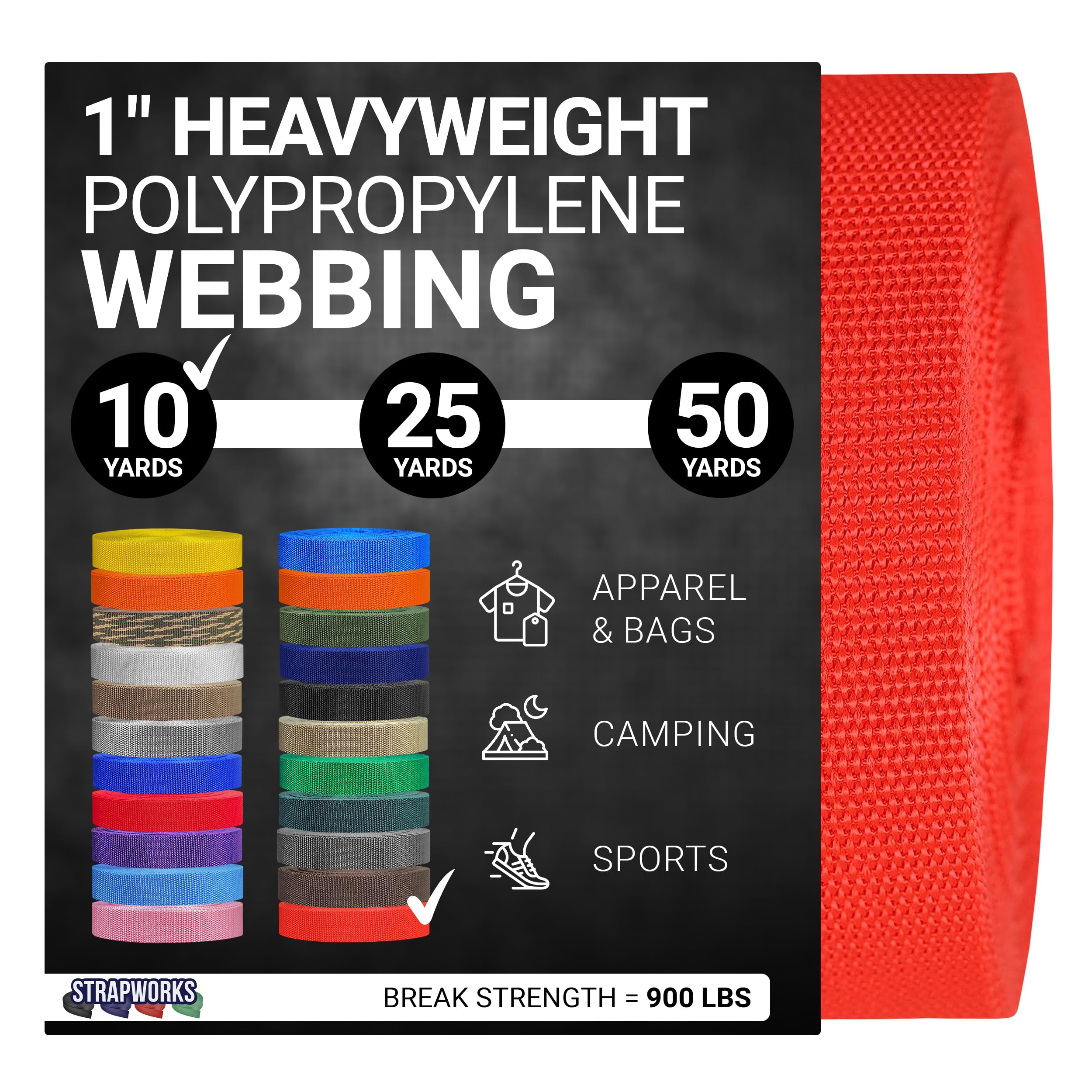 Strapworks Heavyweight Polypropylene Webbing - Heavy Duty Poly Strapping for Outdoor DIY Gear Repair, 1 Inch x 10 Yards - Blood Orange