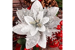 RECUTMS 10 Pcs Silver Christmas Glitter Artificial Poinsettia Flowers 6inch Christmas Wreath Christmas Tree Flowers Ornaments