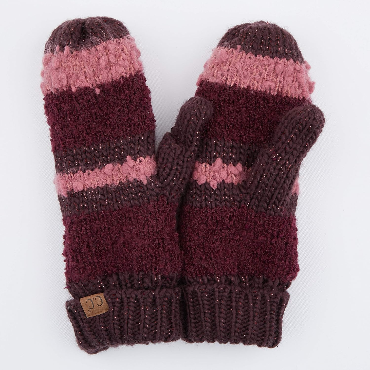 CC Exclusives Women Thick Knit Faux Fur Sherpa Fleece Lined Warm Winter Gloves Mittens (Striped-Burgundy) at  Women’s Clothing store