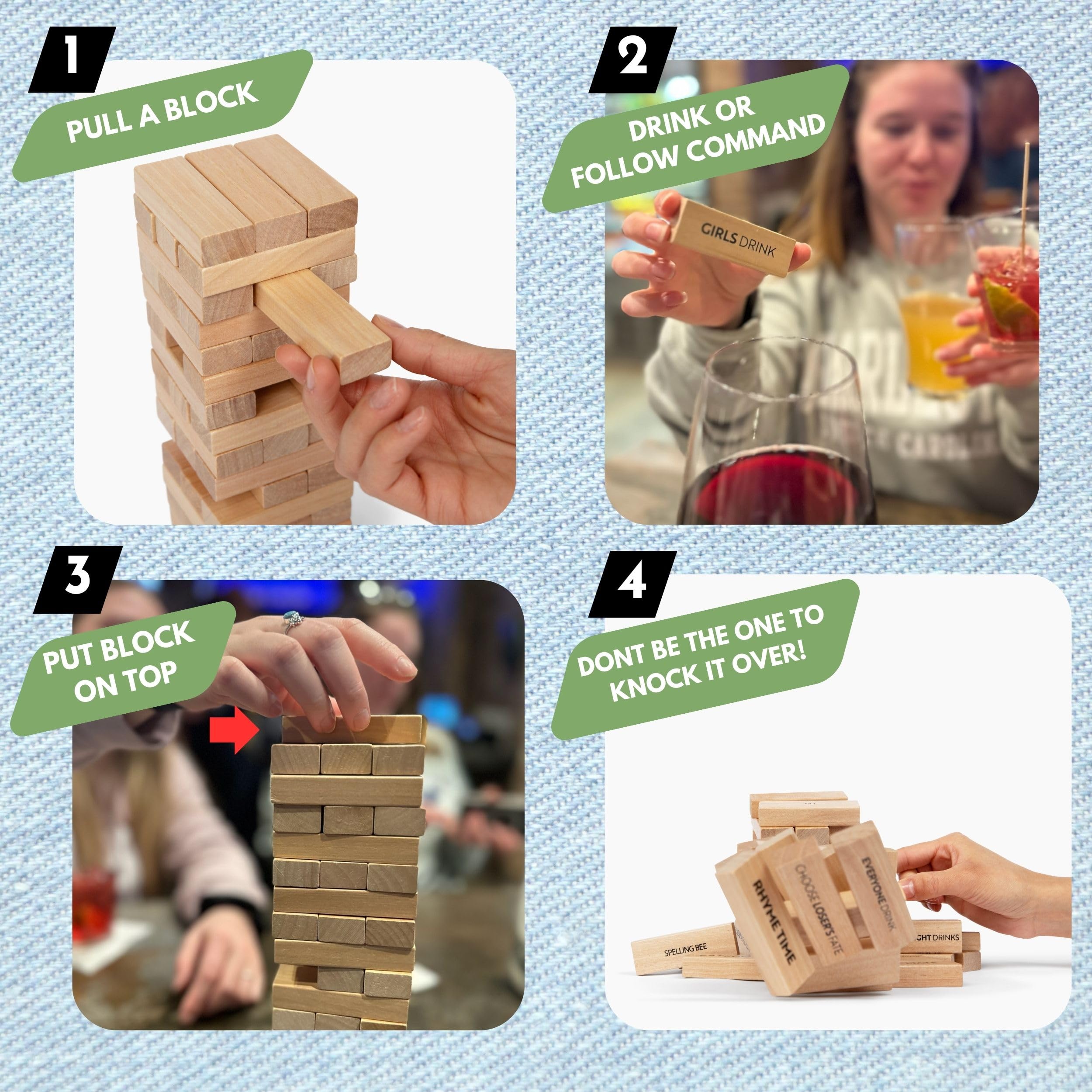 Buzzed Blocks Adult Drinking Game - 54 Blocks with Hilarious Drinking Commands on 40 of Them | Perfect Party Starter | Entertaining Party Game for Adults | Novelty Funny Gift (Natural)