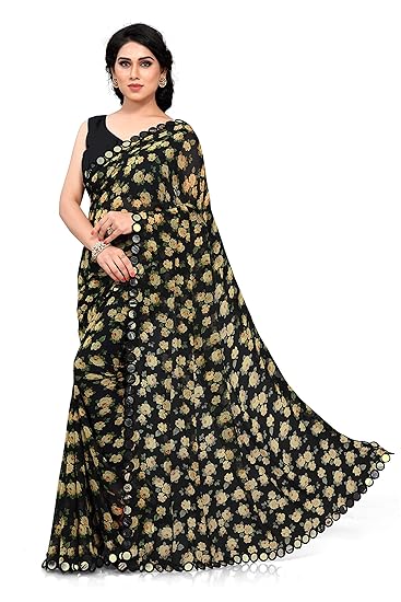 Womens All Over Flower Prints Saree With & Mirror Lace Border & Blouse Piece