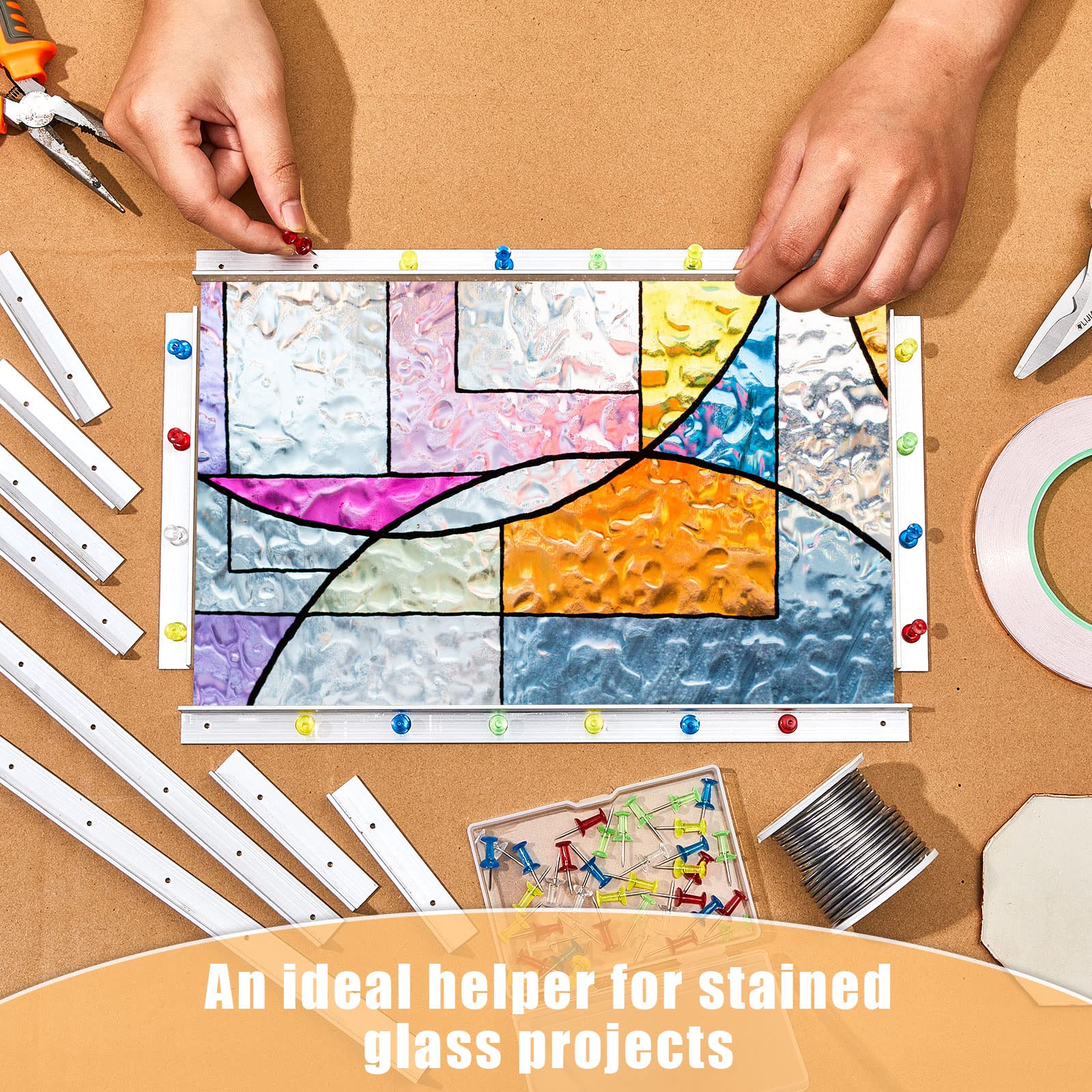 12 Pcs Stained Glass Supplies Layout Block System 12 Inch 6 Inch 3 Inch for Stained Glass Panels with 60 Mix Color Push Pins Tools, 3 Sizes