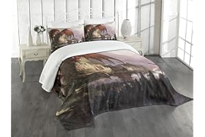 Lunarable Dragon Bedspread, Medieval Fantasy and Dark Knights Scene Fortress Castle Image, Decorative Quilted 3 Piece Coverlet Set with 2 Pillow Shams, Queen Size, Coral Grey