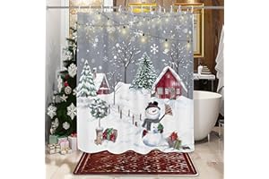 OVZME Snowman Shower Curtain New Year Holiday Bathroom Decor, Christmas Tree Snowflakes Shower Curtain for Kid's Bathroom, 72" W x 72" L