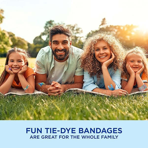 BAND-AID BRAND FLEXIBLE FABRIC ADHESIVE BANDAGES, COMFORTABLE STERILE PROTECTION & WOUND CARE FOR MINOR CUTS, SCRAPES & BURNS, FIRST AID KIT ESSENTIAL, FUN TIE-DYE DESIGNS, ASSORTED SIZES, 100 COUNT