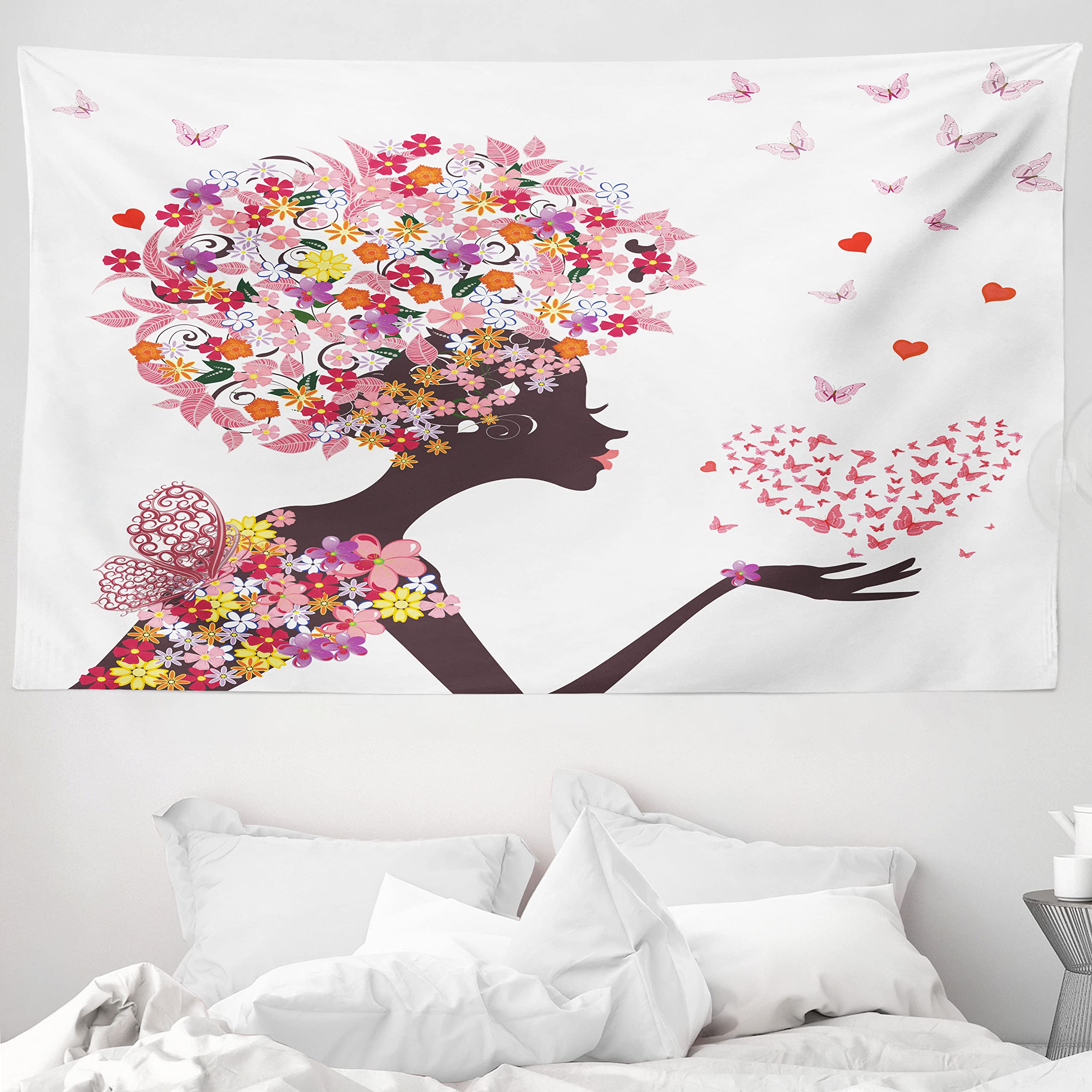 ABAKUHAUS Butterflies Tapestry, Girl a Heart of Enjoying Blossoms Summertime Fantasy Happy Animal Print, Fabric Wall Hanging Decor for Bedroom Living Room Dorm, 90 W X 54 L, White Pink
