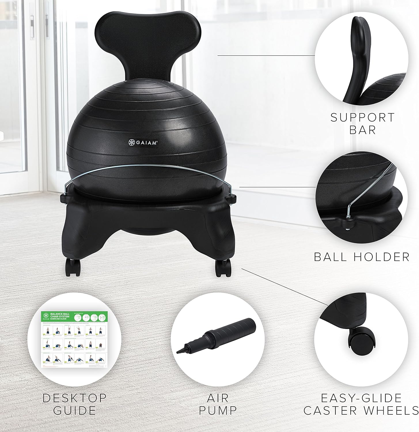 Gaiam Classic Balance Ball Chair – Exercise Stability Yoga Ball Premium Ergonomic Chair for Home and Office Desk with Air Pump, Exercise Guide and Satisfaction Guarantee, Charcoal: Sports & Outdoors