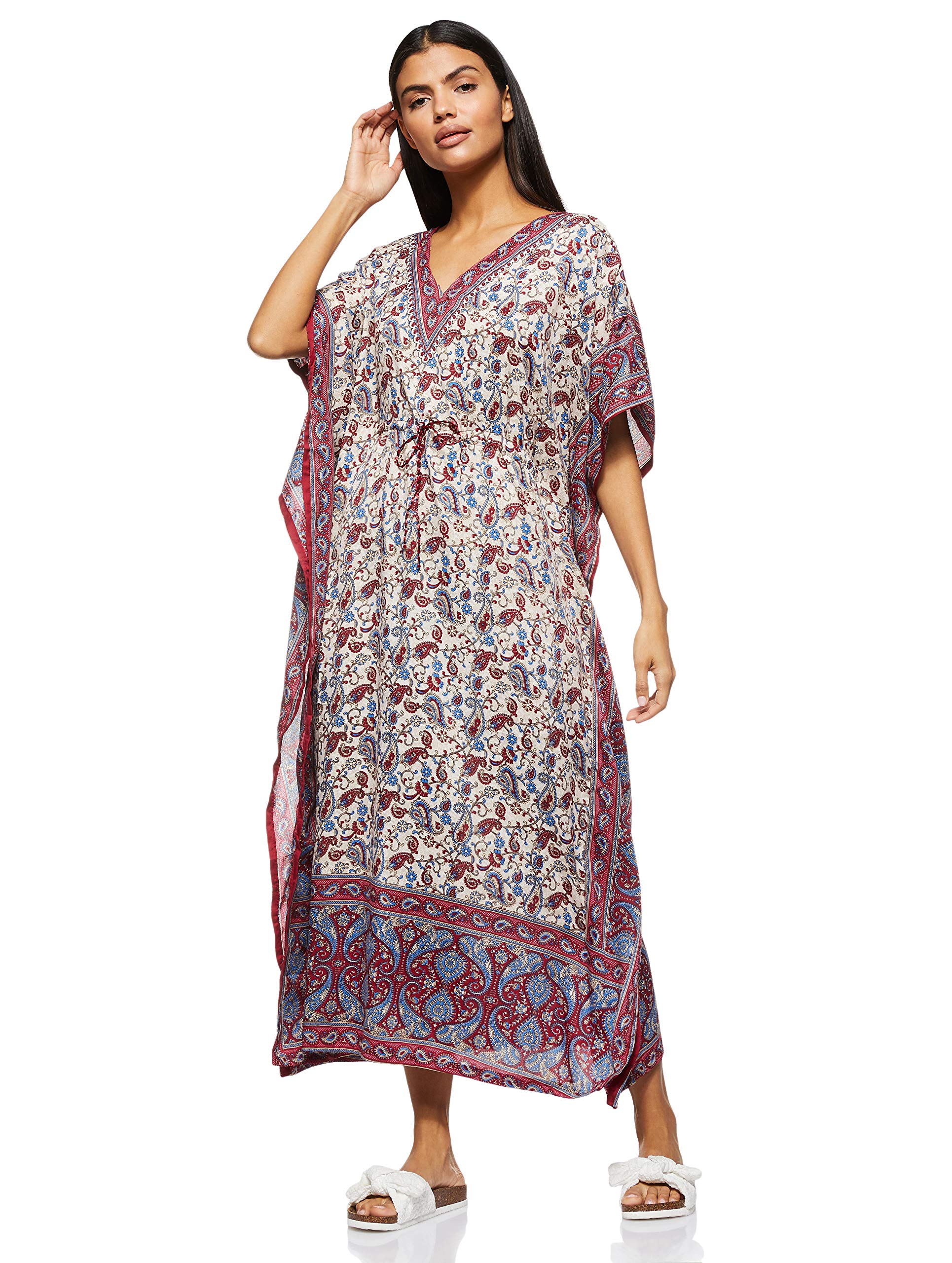 GenericWomen's Long Kaftan Ethnic Print Beach Cover Up Sleepwear Classic Night Gown Robe V-Neck Lightweight Loose Vintage Dress
