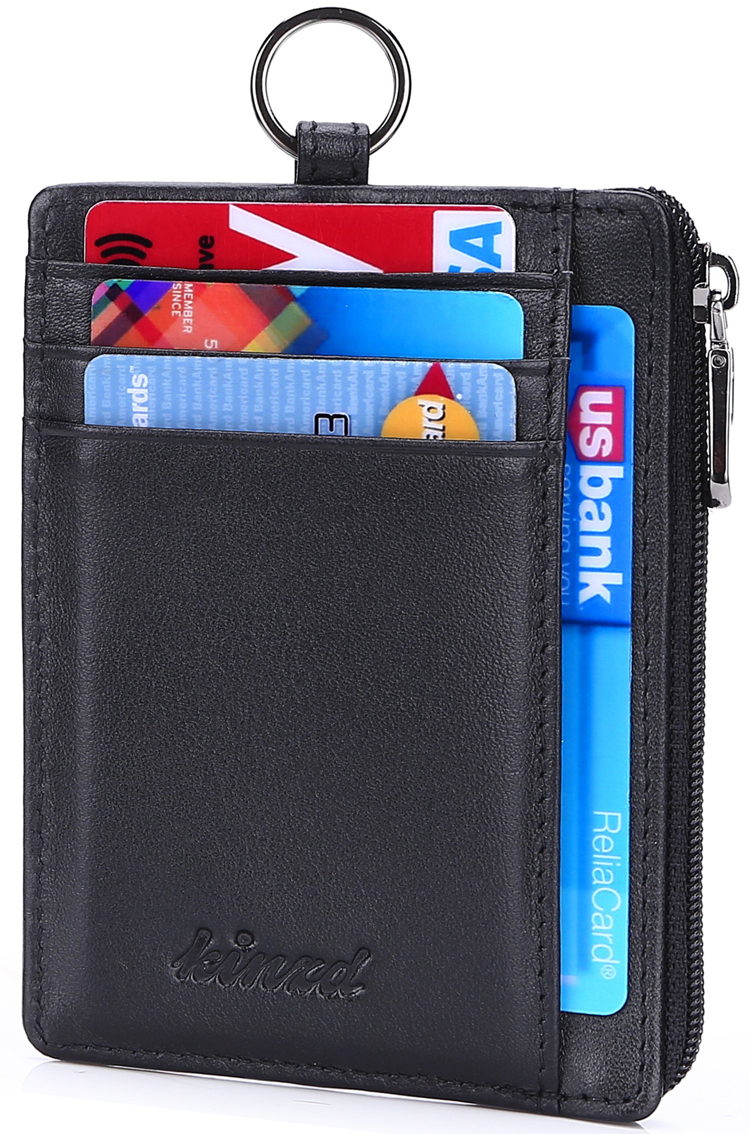 Kinzd Leather Zip Credit Card Holder Wallet with ID Window Keychain