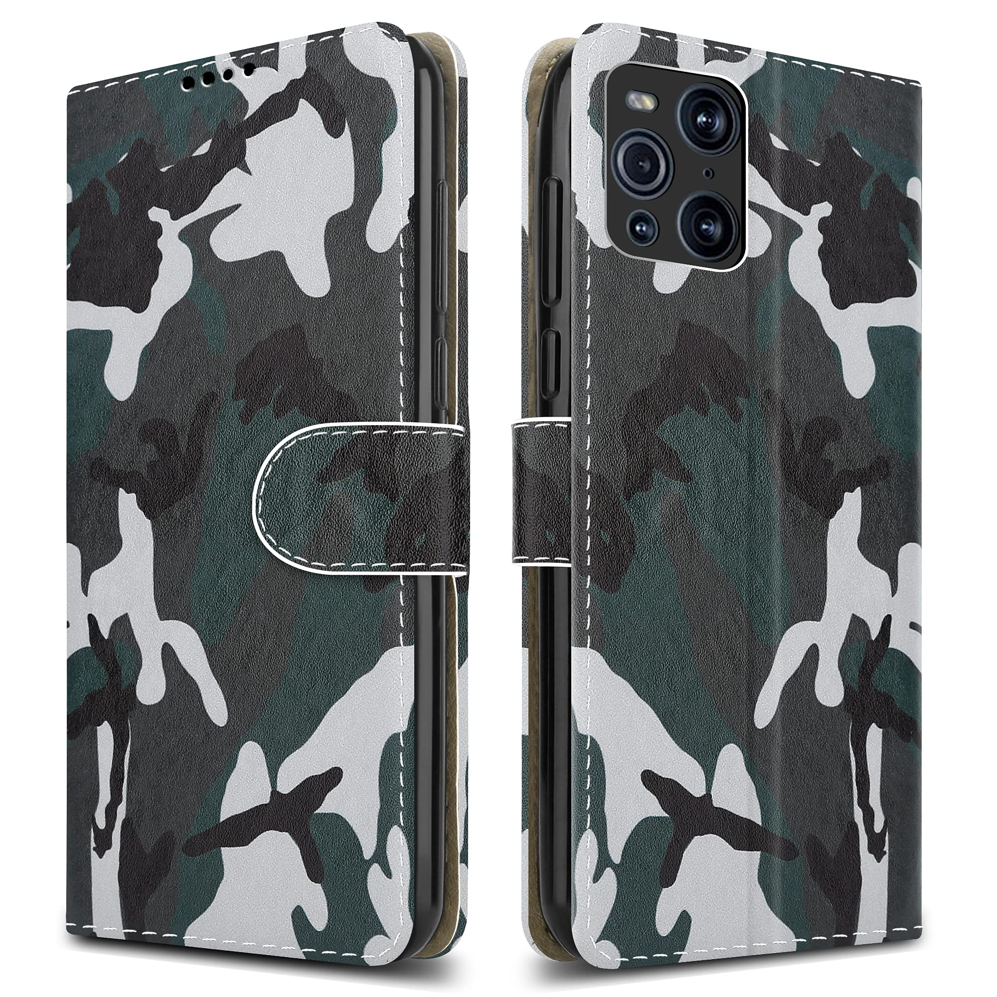 PIXFAB For Oppo Find X3 Pro 5G Leather Phone Case, Magnetic Closure Full Protection Book Folio Design, Wallet Case Cover [Card Slots] and [Kickstand] For Oppo Find X3 Pro (5G) - Camouflage