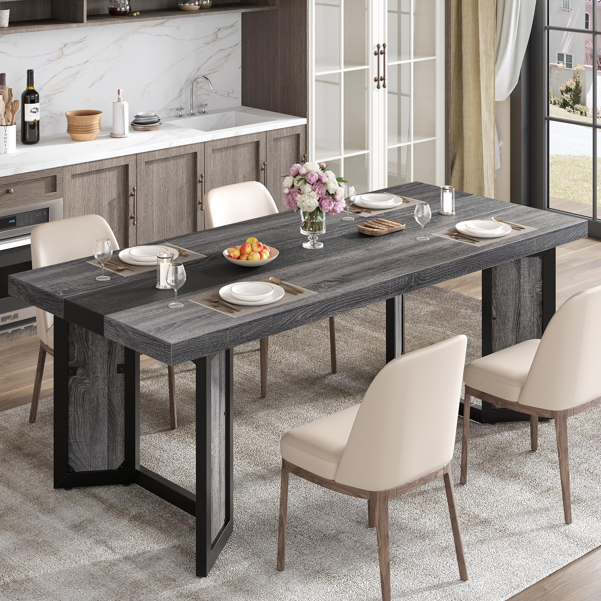 Photo 1 of knoworld Industrial Dining Table for 6-8 People, 71" Large Long Wooden Kitchen Table with Sturdy Metal Frame & Brown Finish, Rustic Style Rectangular Dinner Table for Dining Room, Kitchen (Oak Gray)