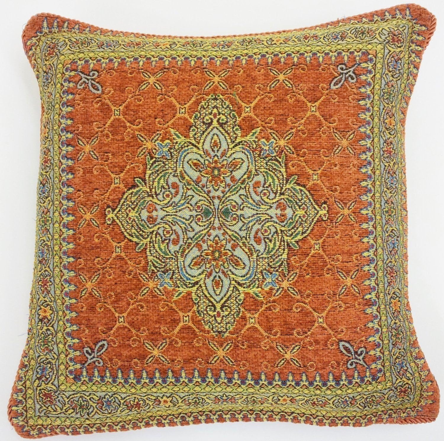 2 X TERRACOTTA ORANGE GOLD AZTEC TAPESTRY CHENILLE THICK 45CM X 45CM CUSHION COVER PILLOW CASE SHAM