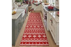 PureCozy Christmas Runner Rug 2x10 Red Washable Carpet Xmas Snowflake Holiday Decor Kitchen Floor Non Slip Soft Low Pile Long Carpet Indoor Throw Rug Laundry Room Living Room Bedroom Dining Room