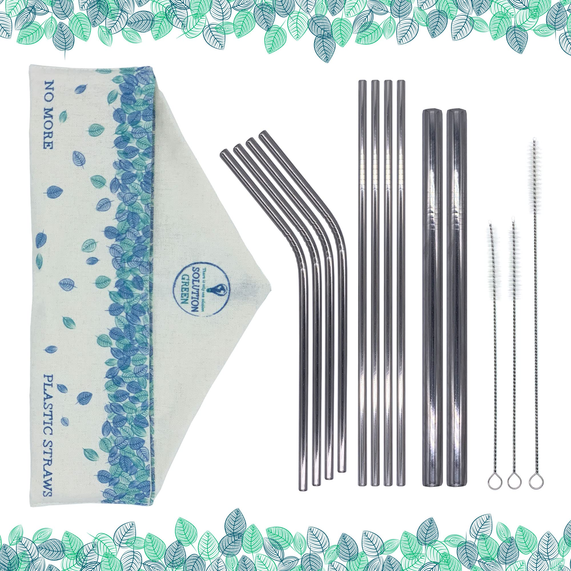 Solution Green Stainless Steel Drinking Reusable Metal Straws 10pcs | Bent | Straight | Thick for Smoothies | in Cotton Bag | 3 Cleaning Brushes | Long Short Thick Hot Cold Drinks