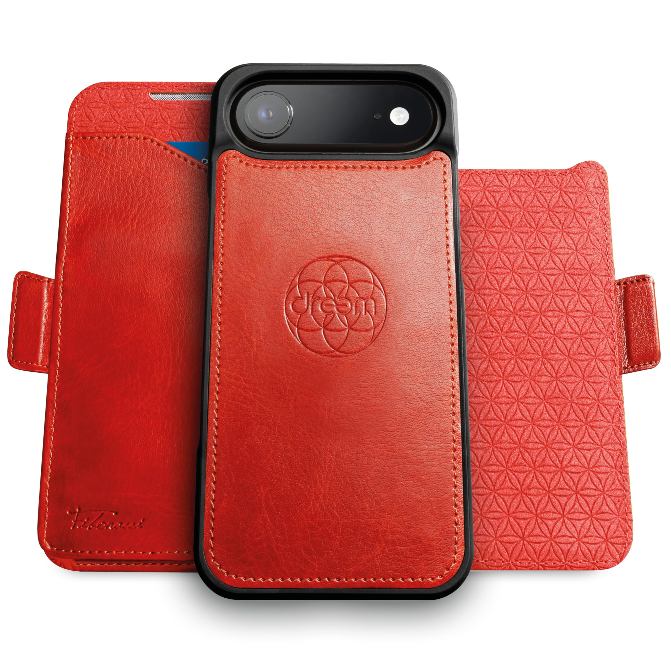 Dreem for iPhone Air Case Wallet, Revolutionary Phone Stand, Vegan Leather, MagSafe-Fit, Magnetic Detachable Flip Cover, RFID Blocking Card Holder, Gift-Box [Fibonacci:Red] Image