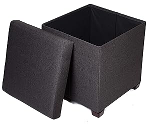 BIRDROCK HOME Folding Storage Ottoman with Legs | Upholstered | 16 x 16 | Linen | Strong and Sturdy | Quick and Easy Assembly | Foot Stool | Black